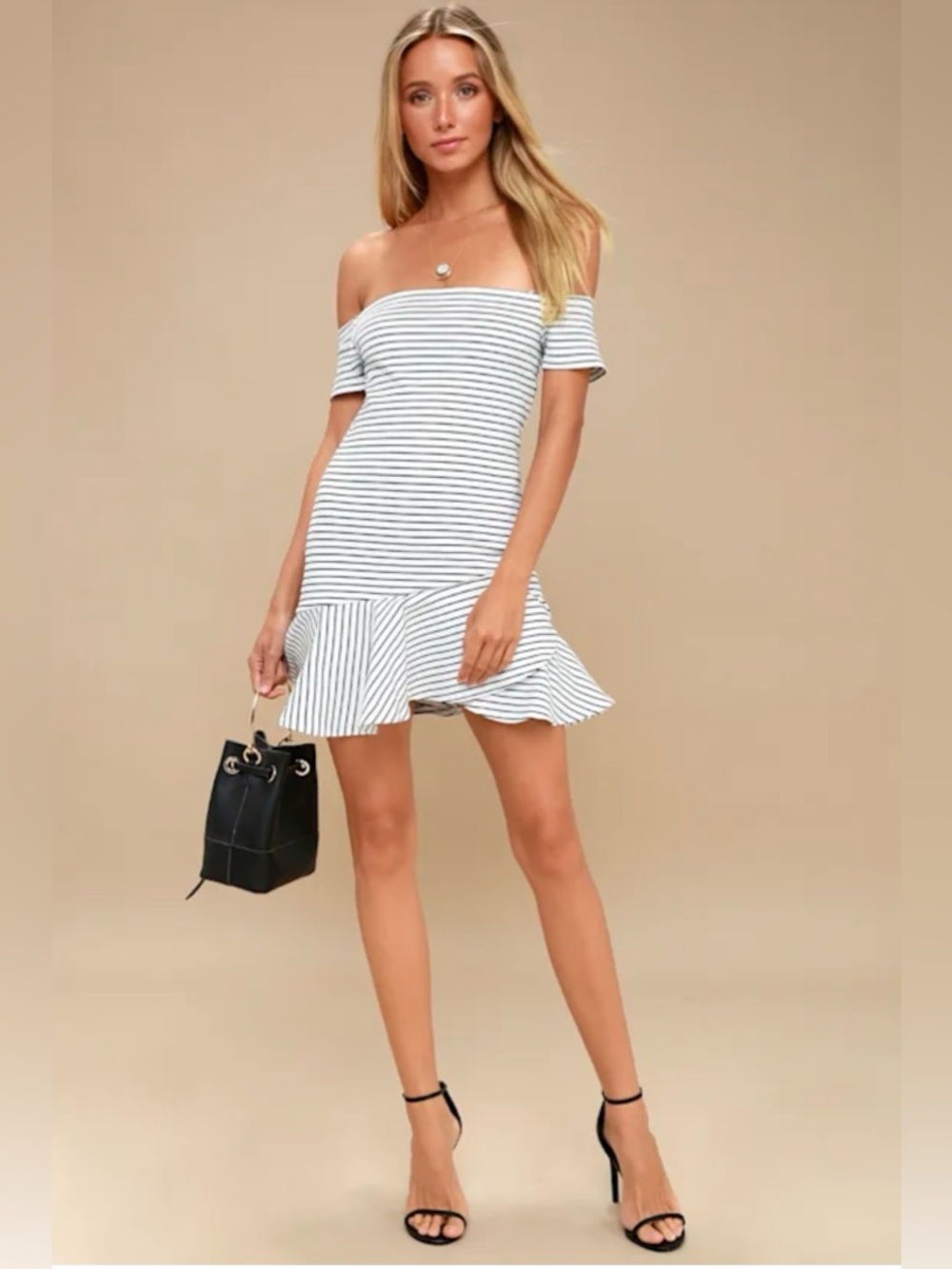 Finders Keepers Sirocco Off Shoulder Mini Dress Black White Striped Bodycon